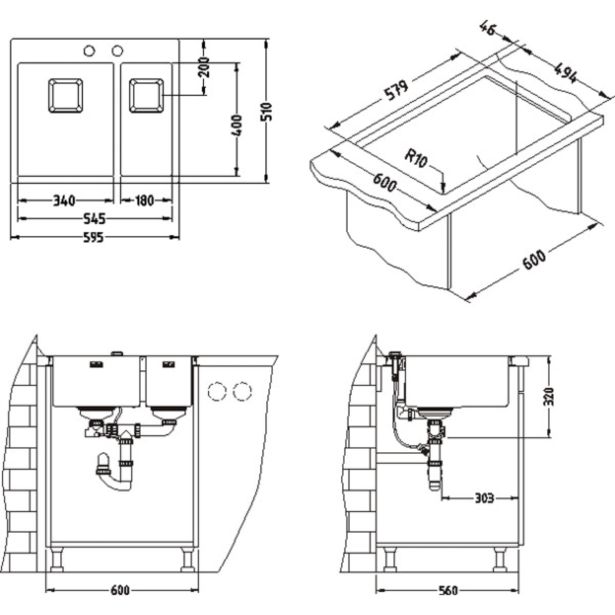 NERJAVNO POMIVALNO KORITO ALVEUS STYLUX 20,SATIN 595X510 MM LEVI