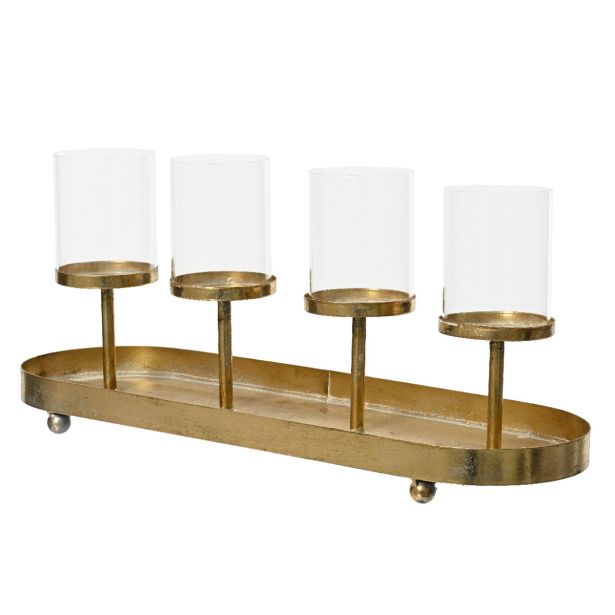 NOVOLETNI SVEČNIK DECORIS PRAVOKOTEN ZA 4 SVEČKE ZLAT S STEKLOM