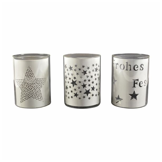 NOVOLETNI SVEČNIK R+W STEKLENI-KOVINSKI 9X12 CM ZA ČAJNO SREBRNI