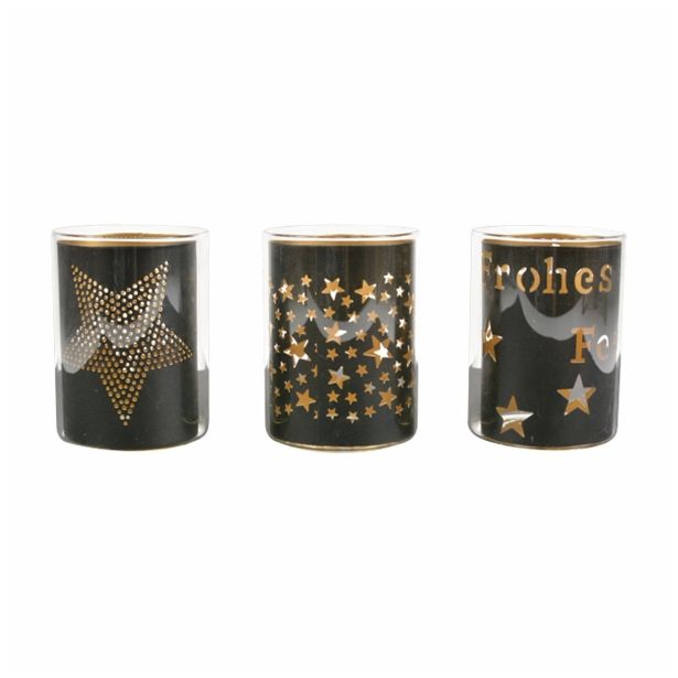 NOVOLETNI SVEČNIK R+W STEKLENI-KOVINSKI 9X12 CM ZA ČAJNO ZLATI ČRNI