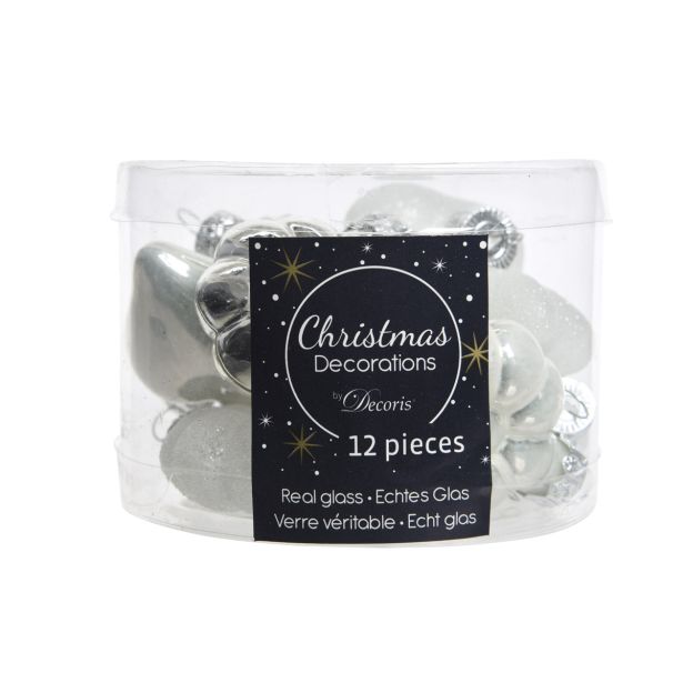 OKRASEK ZA JELKO DECORIS FIGURE BELE/SREBRNE STEKLENE, SIJOČE 12/1