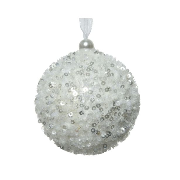 OKRASEK ZA JELKO DECORIS KROGLA, 8 CM, BELA Z BLEŠČICAMI