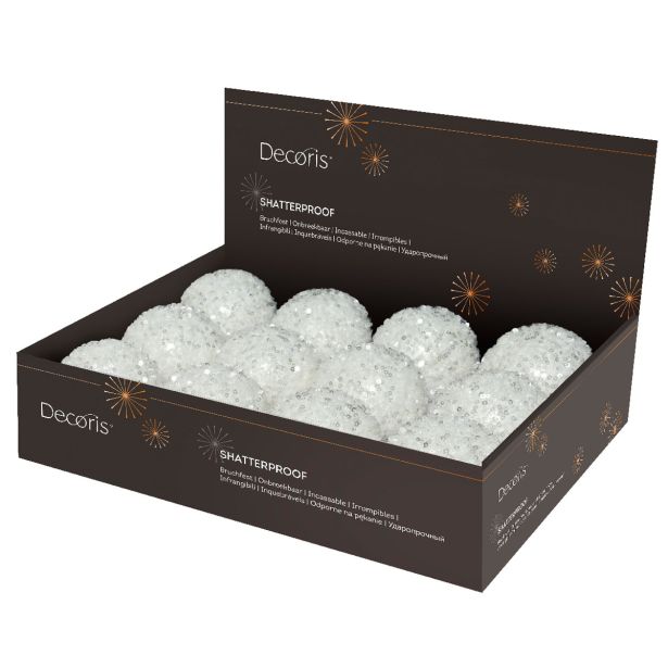OKRASEK ZA JELKO DECORIS KROGLA, 8 CM, BELA Z BLEŠČICAMI