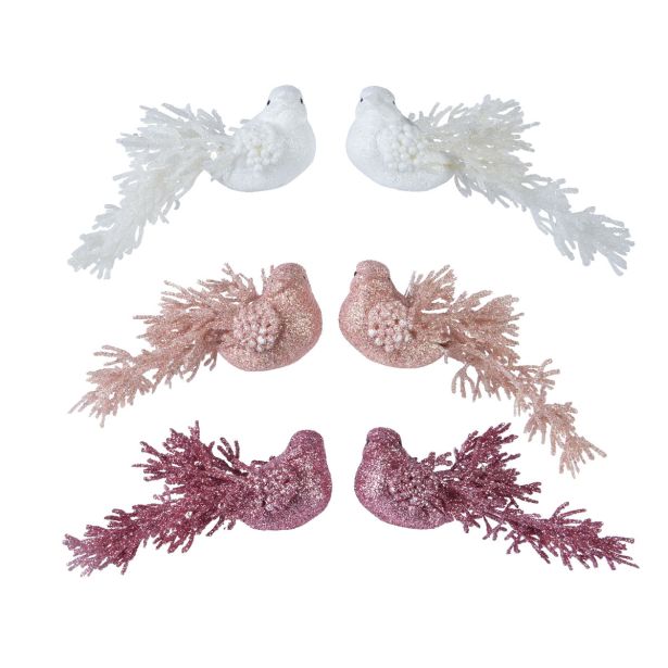 OKRASEK ZA JELKO DECORIS PTIČKI 4 CM ROZA, BELI SORTIRANO