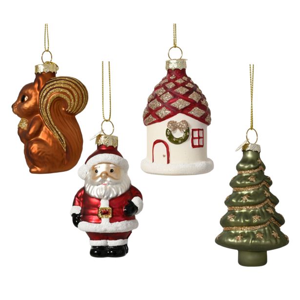OKRASEK ZA JELKO DECORIS SNEŽAK, SMREKA, HIŠKA VEVERICA, SORTIRANO