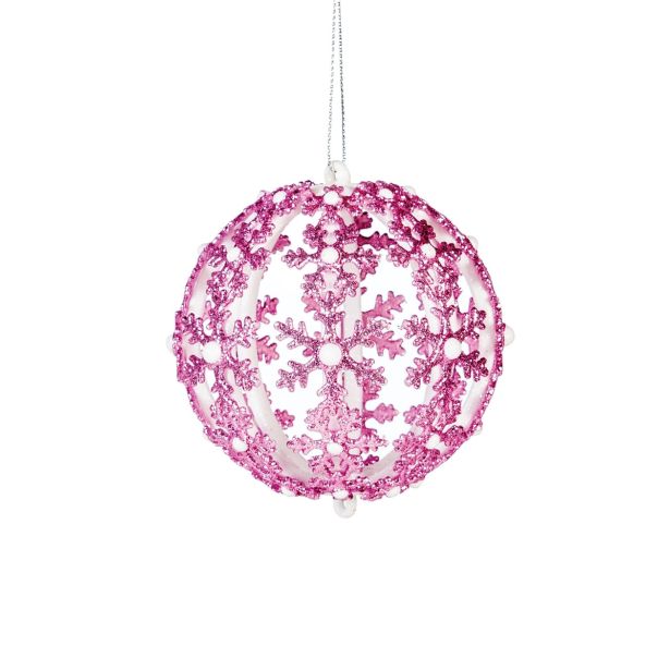 OKRASEK ZA JELKO GLOSSTYLE KROGLA S SNEŽIKAMI PINK BELA FI 8 CM