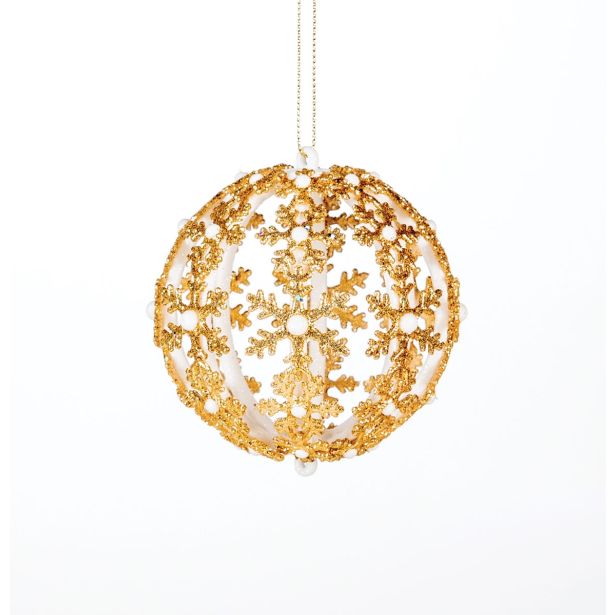 OKRASEK ZA JELKO GLOSSTYLE KROGLA S SNEŽIKAMI ZLATA BELA FI 8 CM