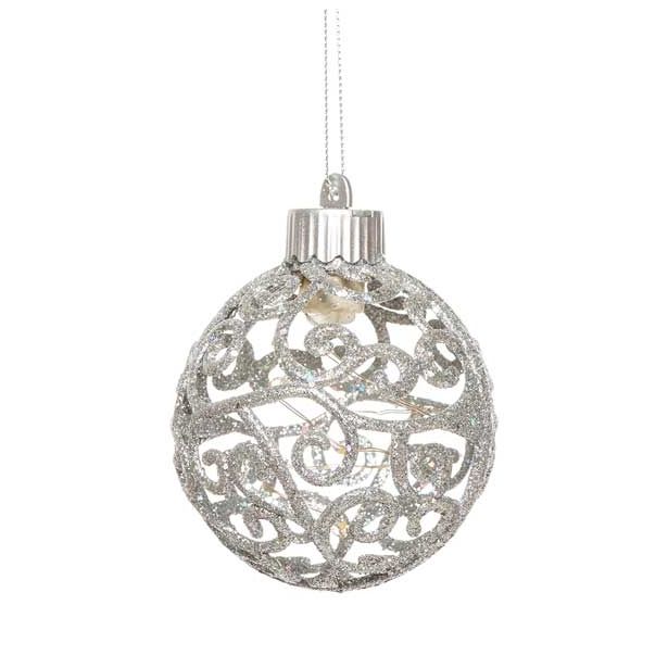 OKRASEK ZA JELKO GLOSSTYLE KROGLA SREBRNA Z LEDLUČKO FI 7.5 CM