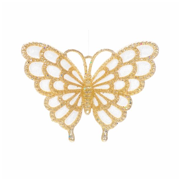 OKRASEK ZA JELKO GLOSSTYLE METULJ NA ŠČIPALKI BELO ZLAT 11.68*2.54*9.65 CM