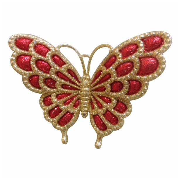 OKRASEK ZA JELKO GLOSSTYLE METULJ NA ŠČIPALKI RDEČ ZLAT 11.68*2.54*9.65 CM