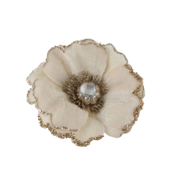 OKRASEK ZA JELKO HOUSE OF SEASONS ROŽA 15 CM BELA KLIP Z ZLATIM DEKORJEM