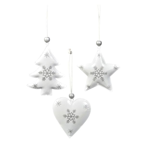 OKRASEK ZA JELKO R+W KOVINSKI BELE BARVE 8 CM ZVEZDA/SRCE/DREVO