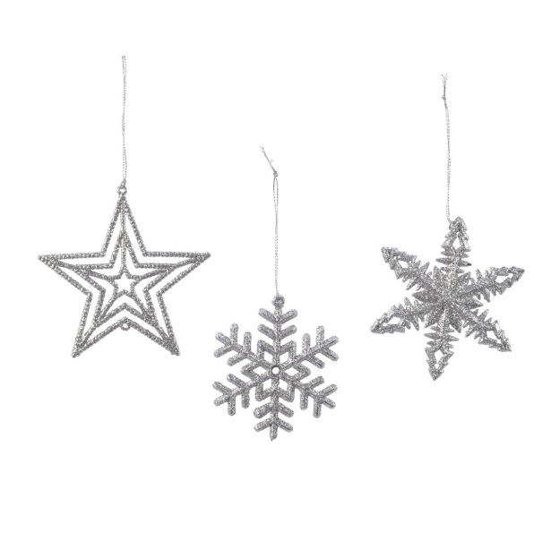 OKRASEK ZA JELKO ZVEZDE/SNEŽINKE SREBRNE 10 ALI 8.5CM SORTIRANO