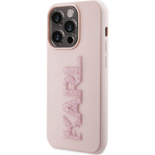 ORIGINALEN KARL LAGERFELD OVITEK IPHONE 15 PRO - LOGO 3D - ROZA ZAŠČITA - KLHCP15L3DMBKCP
