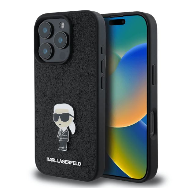 ORIGINALEN KARL LAGERFELD OVITEK IPHONE 16 PRO - GLITTER IML NFT ICONIC -  ČRN OVITEK Z BLEŠČICAMI- KLHCP16LGKNPSK