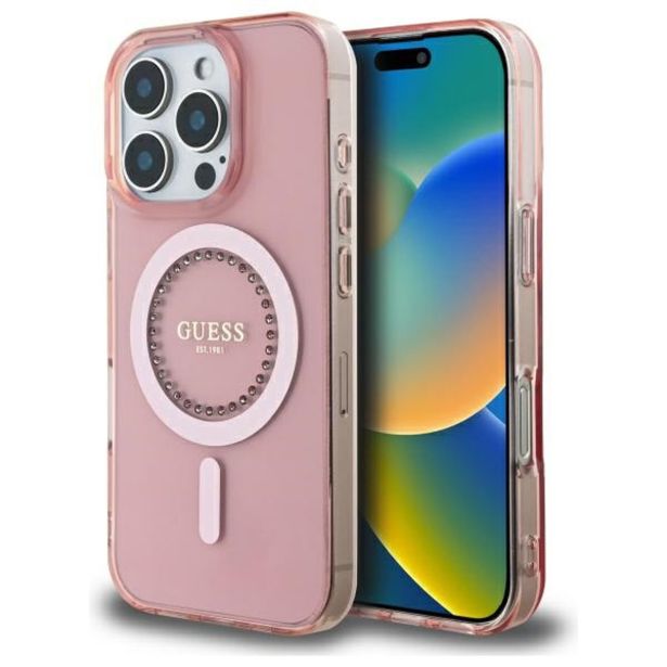 ORIGINALNI GUESS OVITEK GUHMP16LPFTDTEP ZA IPHONE 16 PRO - MAGSAFE - ROZA S KRISTALČKI
