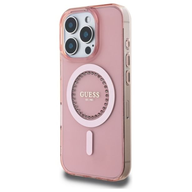 ORIGINALNI GUESS OVITEK GUHMP16LPFTDTEP ZA IPHONE 16 PRO - MAGSAFE - ROZA S KRISTALČKI