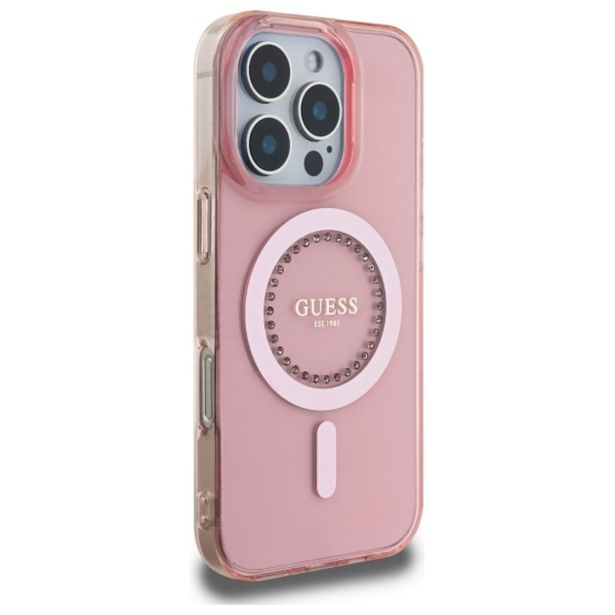 ORIGINALNI GUESS OVITEK GUHMP16LPFTDTEP ZA IPHONE 16 PRO - MAGSAFE - ROZA S KRISTALČKI