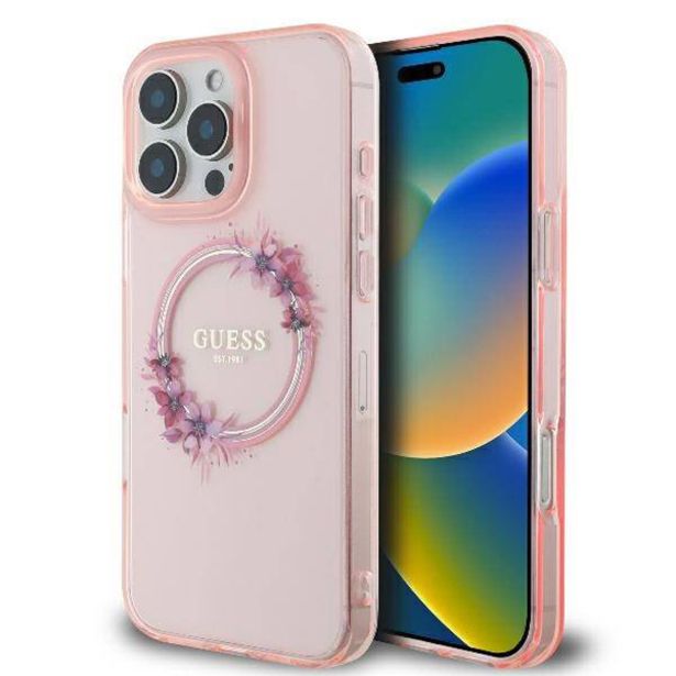 ORIGINALNI GUESS OVITEK GUHMP16SHFWFCP ZA IPHONE 16 - MAGSAFE - FLOWER - ROZA