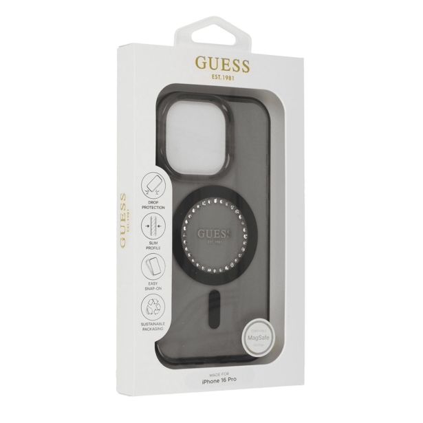 ORIGINALNI GUESS OVITEK GUHMP16SPFTDTEK ZA IPHONE 16 - MAGSAFE - PROZORNO ČRN S KRISTALČKI