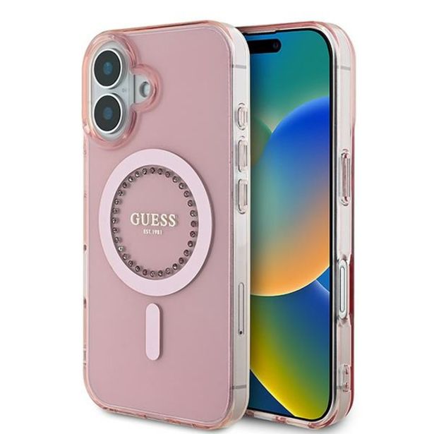 ORIGINALNI GUESS OVITEK GUHMP16SPFTDTEP ZA IPHONE 16 - MAGSAFE - ROZA S KRISTALČKI