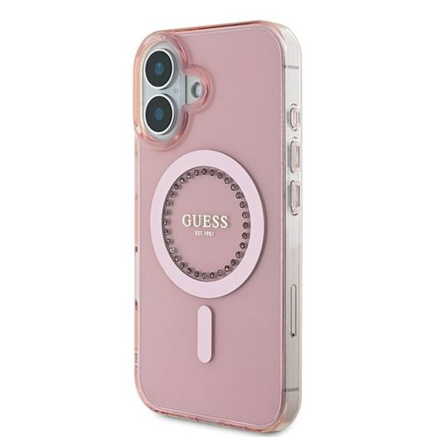 ORIGINALNI GUESS OVITEK GUHMP16SPFTDTEP ZA IPHONE 16 - MAGSAFE - ROZA S KRISTALČKI