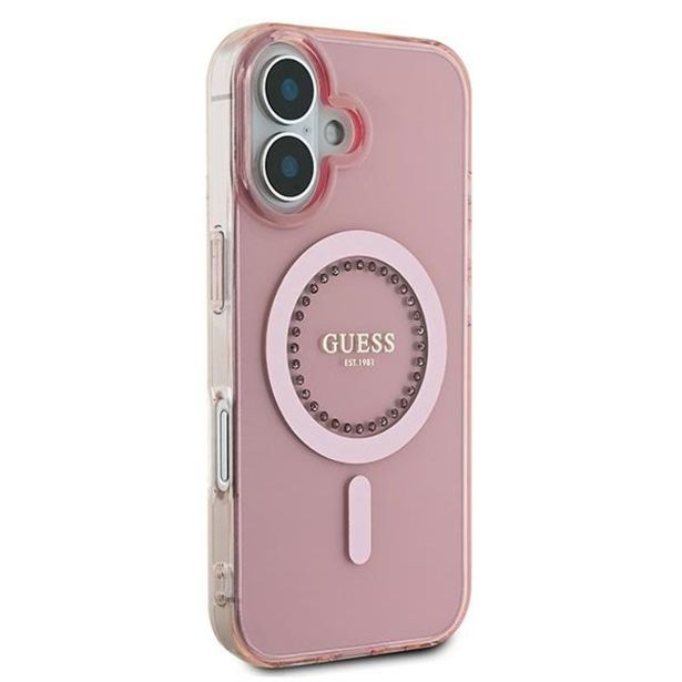 ORIGINALNI GUESS OVITEK GUHMP16SPFTDTEP ZA IPHONE 16 - MAGSAFE - ROZA S KRISTALČKI