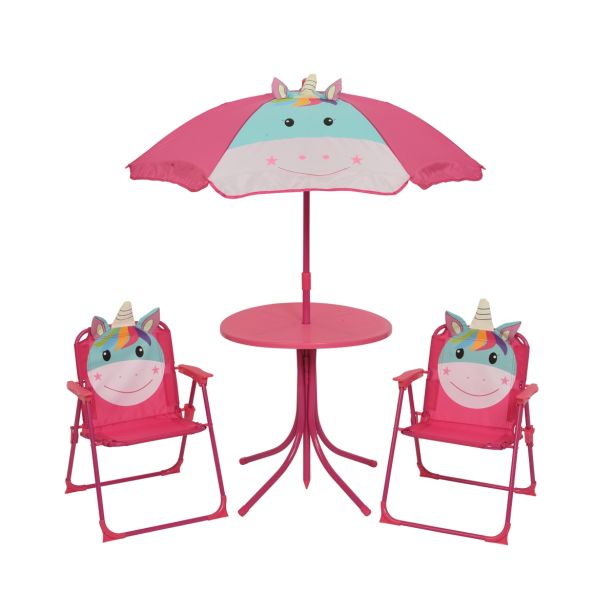 OTROŠKI KAMP STOL DECORIS OTROŠKI SET UNICORN MIZA, 2 STOLA, SENČNIK