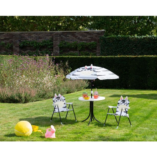 OTROŠKI KAMP STOL DECORIS OTROŠKI SET, ZEBRA MIZA, 2 STOLA, SENČNIK