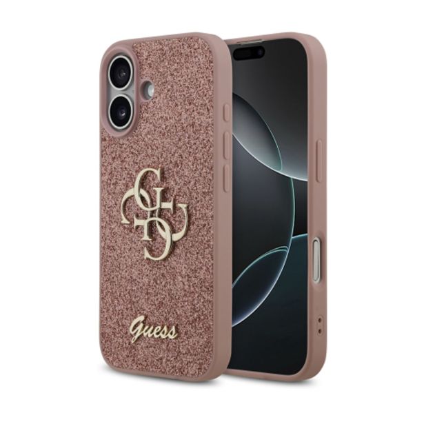 GUESS GUHCP17SHG4SGP SILIKONSKI OVITEK ZA IPHONE 17 - ROZA Z BLEŠČICAMI IN ZLATIM LOGOM