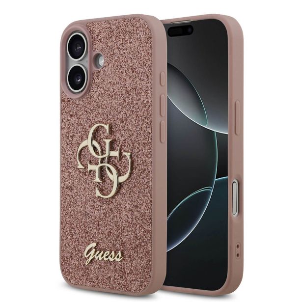 GUESS GUHCP17SHG4SGP SILIKONSKI OVITEK ZA IPHONE 17 - ROZA Z BLEŠČICAMI IN ZLATIM LOGOM