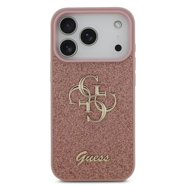 GUESS GUHCP17LHG4SGP SILIKONSKI OVITEK ZA IPHONE 17 PRO - ROZA Z BLEŠČICAMI IN ZLATIM LOGOM