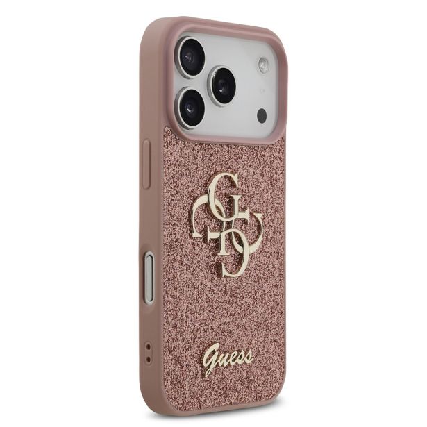 GUESS GUHCP17LHG4SGP SILIKONSKI OVITEK ZA IPHONE 17 PRO - ROZA Z BLEŠČICAMI IN ZLATIM LOGOM
