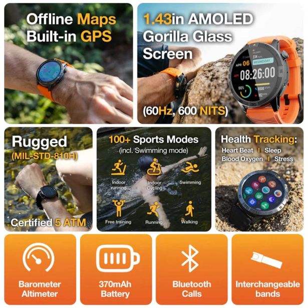 AGM LEGION PRO ŠPORTNA PAMETNA URA GPS, 5ATM, IP67, MIL-STD-810H - ČRNA