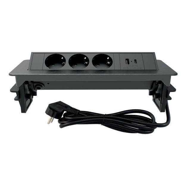 PODALJŠEK COMMEL VGRADNI 2M 3X SCHUKO USB A+C POP-UP ČRNI