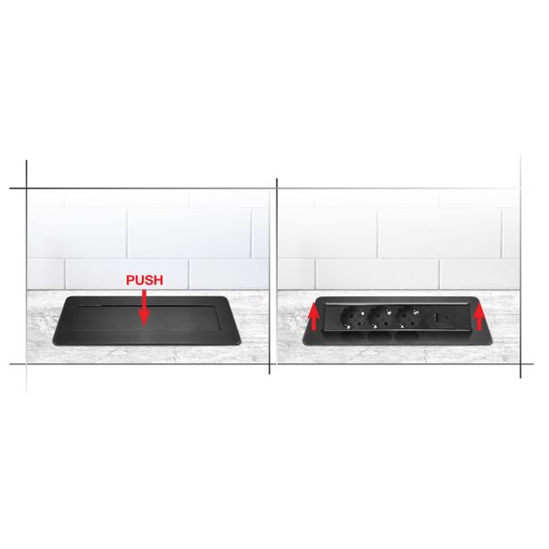 PODALJŠEK COMMEL VGRADNI 2M 3X SCHUKO USB A+C POP-UP ČRNI