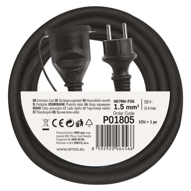 PODALJŠEK EMOS 5M ŠUKO VTIKAČ + VTIČNICA H05RR-F 3X1.5 GUMA ČRN