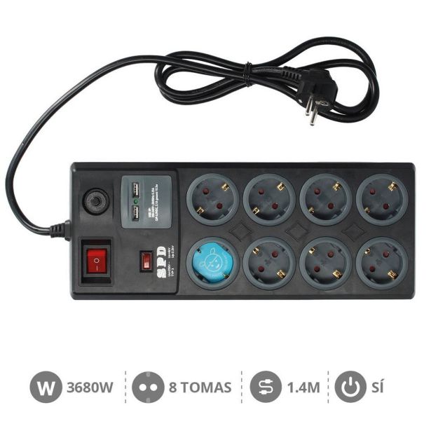 PODALJŠEK GSC 8X + STIKALO ČRN 1.4M 2XUSB