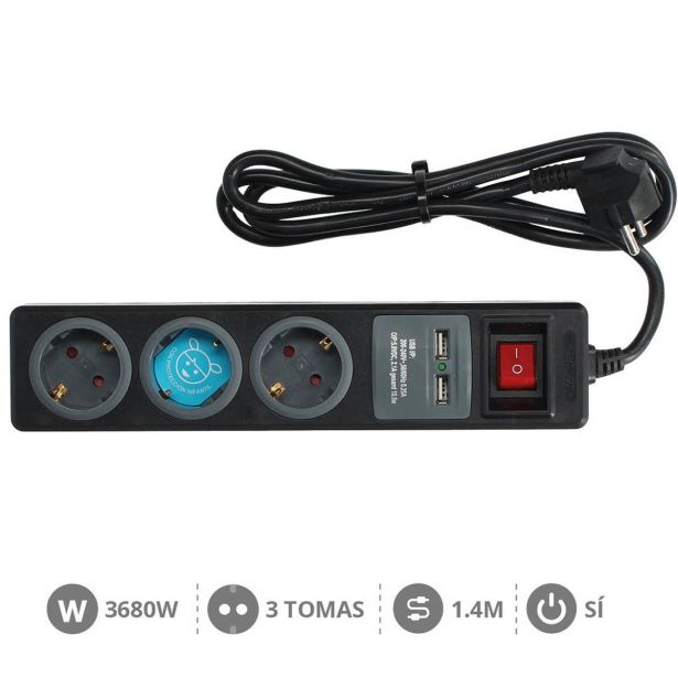 PODALJŠEK GSC TROJNI + STIKALO ČRN 1.4M 2XUSB