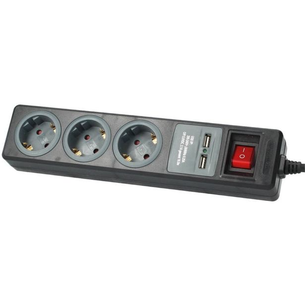 PODALJŠEK GSC TROJNI + STIKALO ČRN 1.4M 2XUSB