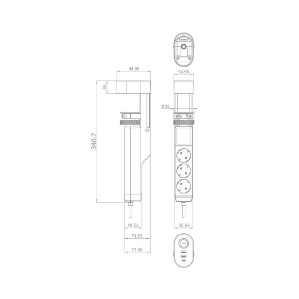 PODALJŠEK S STIKALOM COMMEL PRITRDILNI 3 ŠUKO 2XUSB + USB C 1.4M