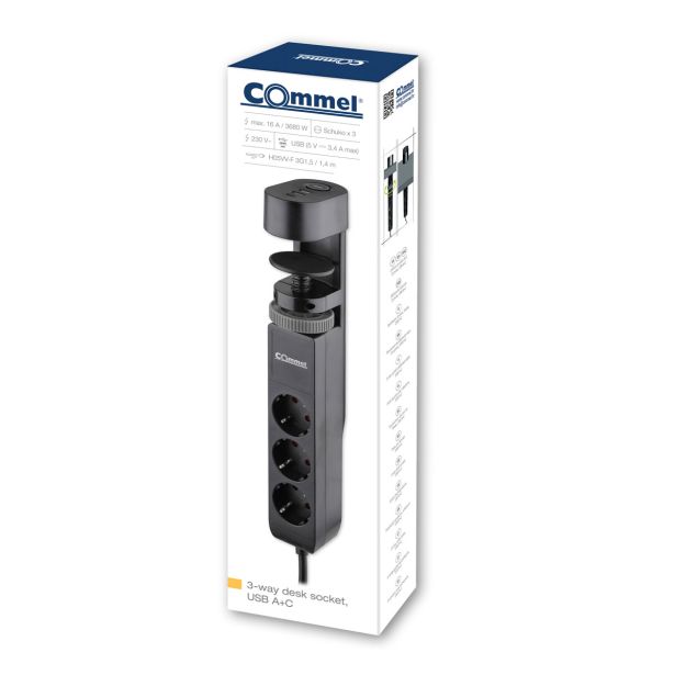 PODALJŠEK S STIKALOM COMMEL PRITRDILNI 3 ŠUKO 2XUSB + USB C 1.4M