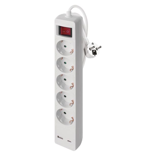 PODALJŠEK S STIKALOM EMOS 5 ŠUKO + 2 USB (A+D) 3M H05VV-F 3G1.5 PVC BELI