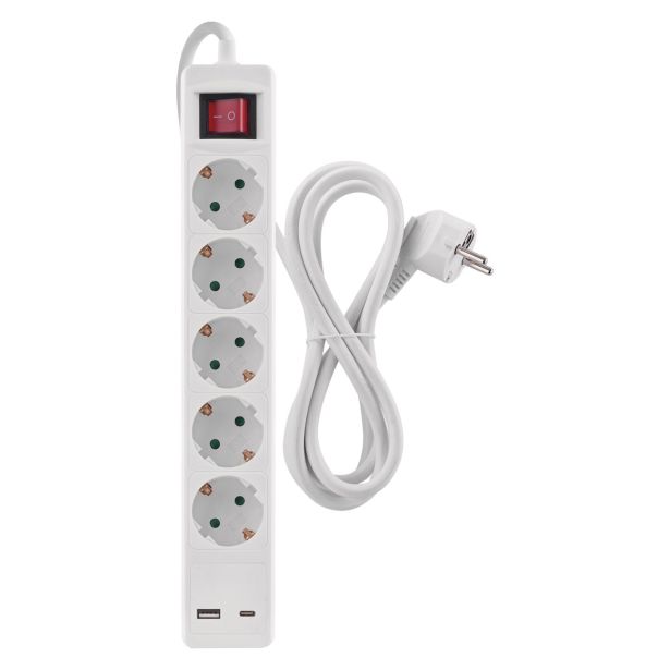 PODALJŠEK S STIKALOM EMOS 5 ŠUKO + 2 USB (A+D) 3M H05VV-F 3G1.5 PVC BELI