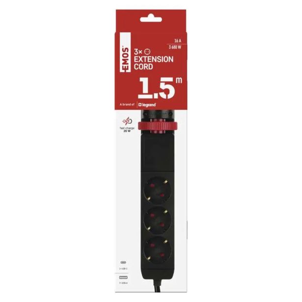 PODALJŠEK S STIKALOM EMOS PRITRDILNI 3 ŠUKO 2XUSB + USB C 1.5M