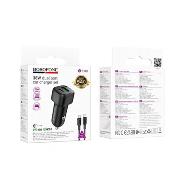 BOROFONE BZ34B AVTOPOLNILEC TYPE C (20W) USB A (18W) PD 38W QC 3.0 S KABLOM TYPE C - TYPE C 1M - ČRN
