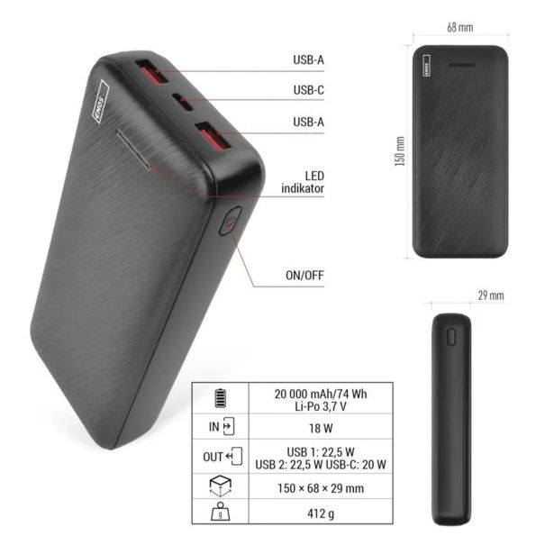 POLNILNIK ZA GSM EMOS ALPHAQ3 20000 MAH, 22.5W, ČRNI