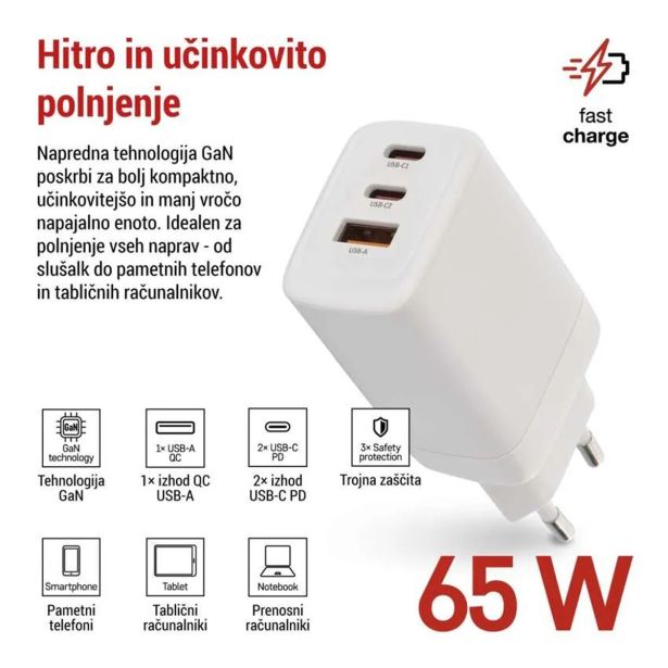 POLNILNIK ZA GSM EMOS GAN PD 65 W MAX.