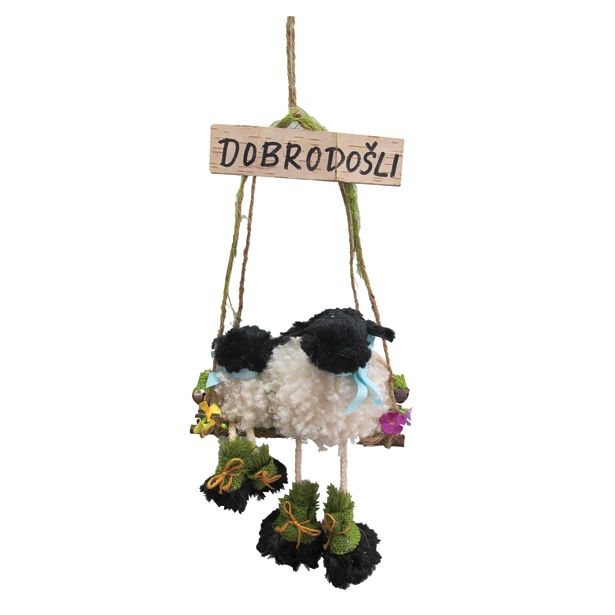 POMLADNA DEKORACIJA GLOSSTYLE OVČKI NA GUGALNICI 46 CM Z NAPISOM DOBRODOŠLI