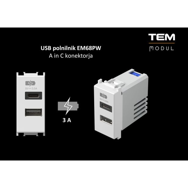 POSEBNA VTIČNICA MODUL POLNILNIK USB 5V 3.0A BEL, 1M, USB A+C